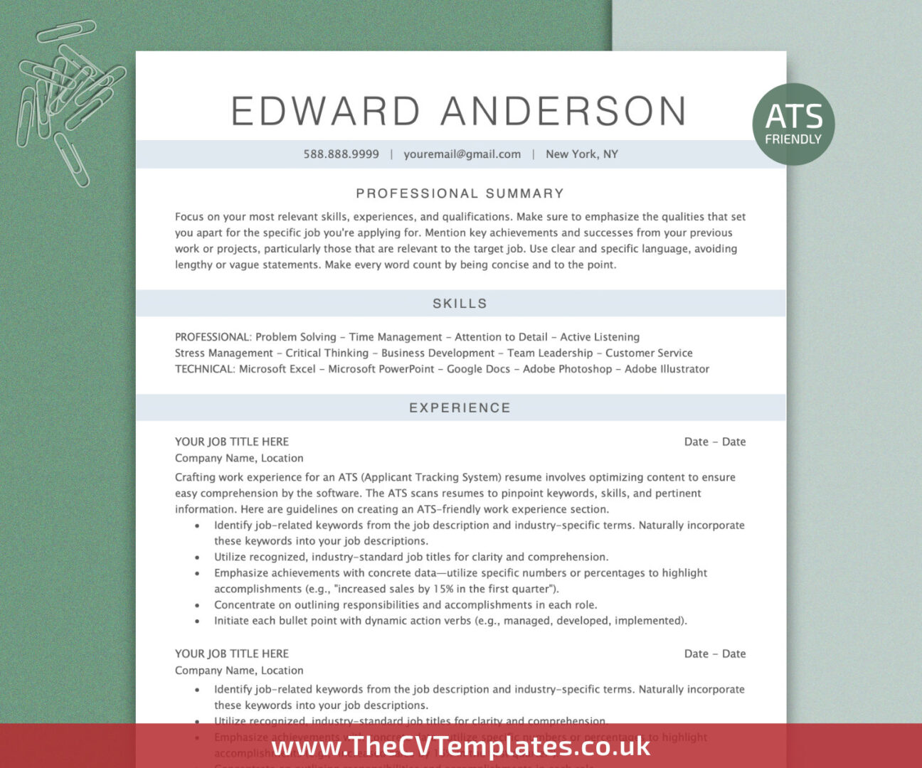2024 ATS Friendly Resume Template for MS Word, ATS CV Template, Clean ...